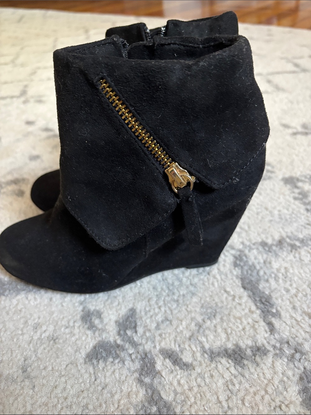Black Suede Wedge Ankle Booties with Gold Zip Accent